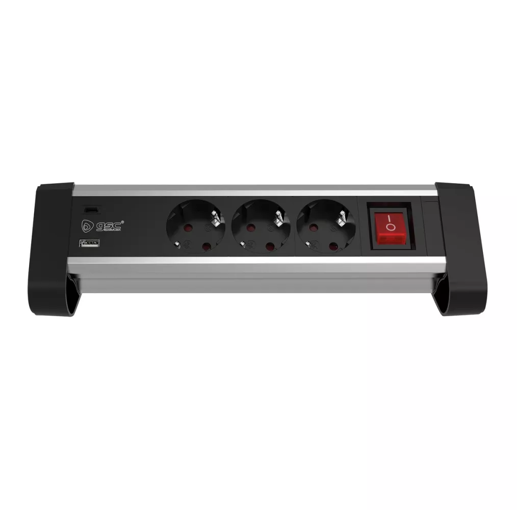 Base múltiple de sobremesa con 3 tomas Schuko y puertos USB-A y USB-C