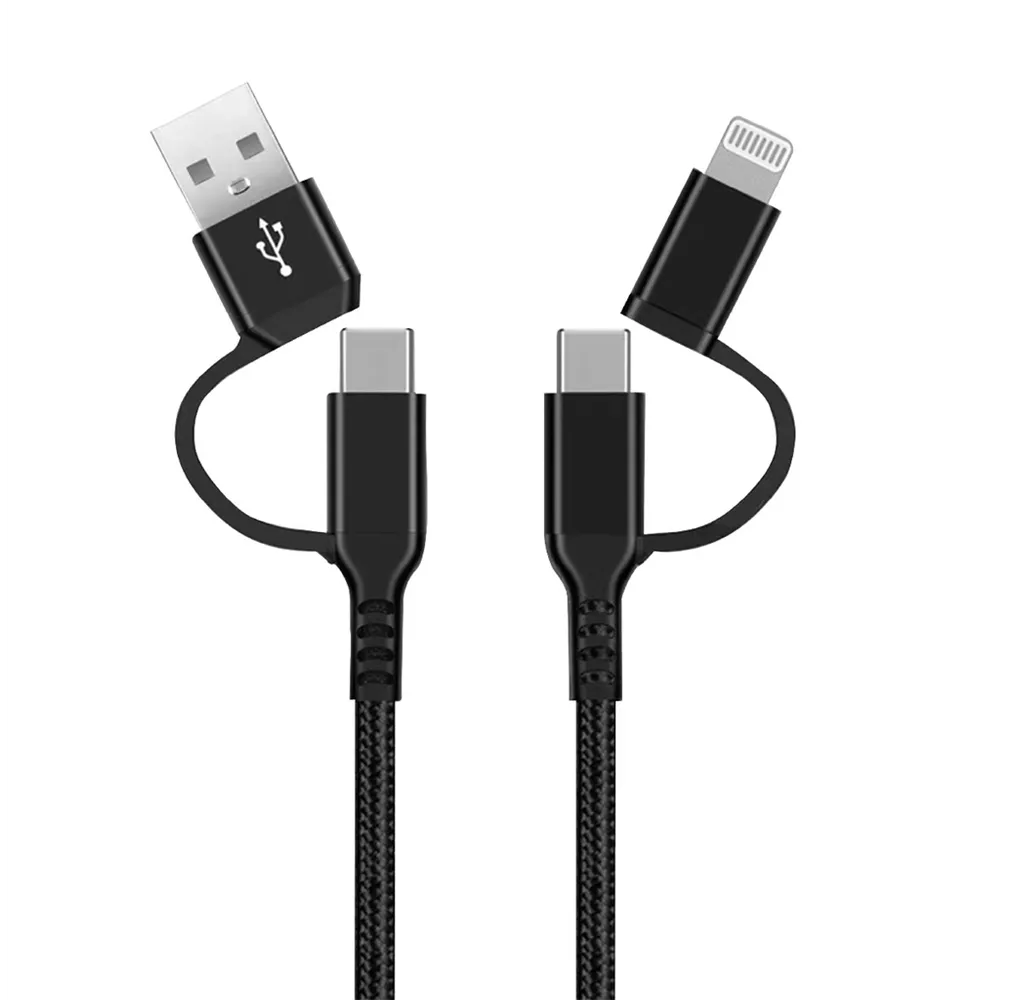 Cable cargador 4 en 1 (2 USB Tipo C, conector Lightning y USB) nylon trenzado 1,5M 