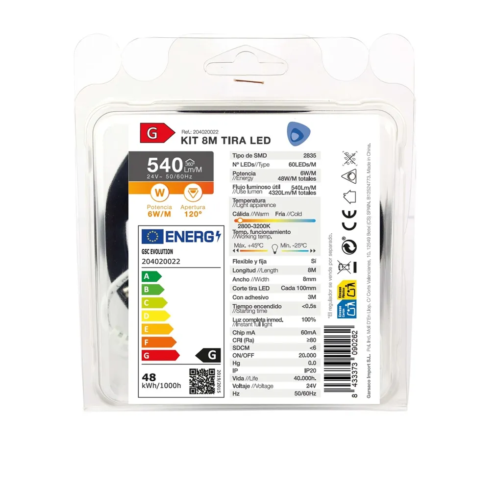 Kit 8M Tira de LED 6W/M IP20 2800K-3200K preparado