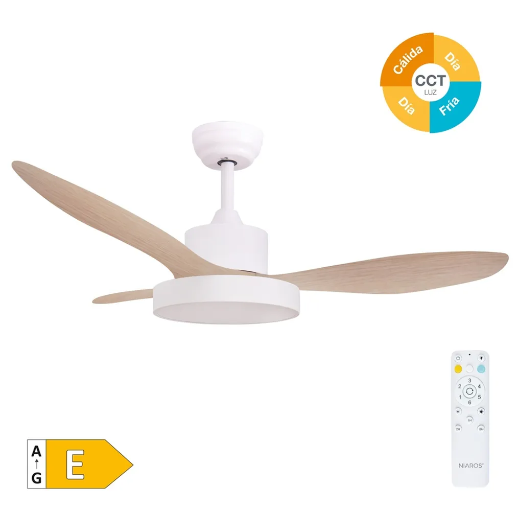 Ventilador techo Biula con luz CCT regulable y mando Ø122 3 aspas DC Blanco