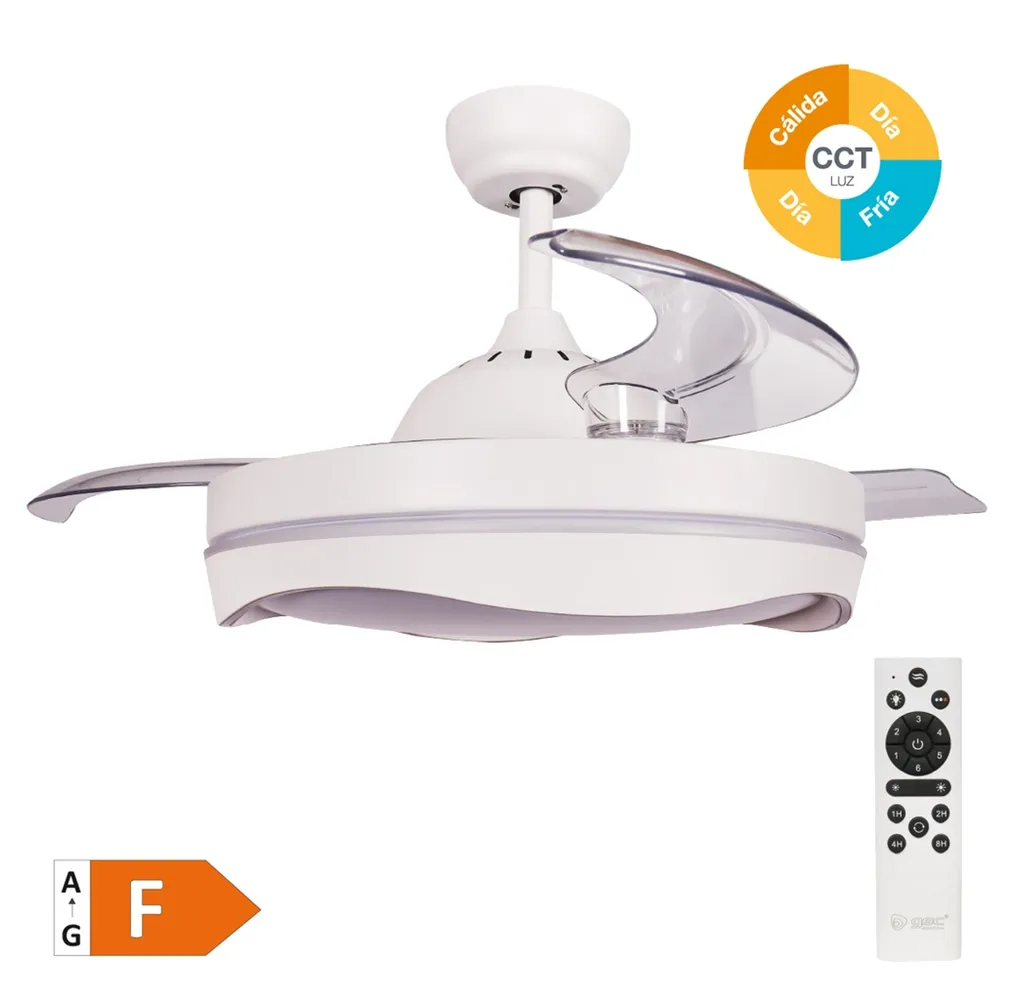 Ventilador techo Nicosia con luz CCT regulable y mando Ø107 3 aspas retráctiles DC Blanco