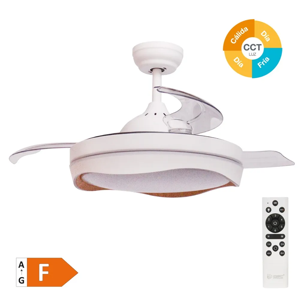 Ventilador techo Nicosia con luz CCT regulable y mando Ø107 3 aspas retráctiles DC Blanco