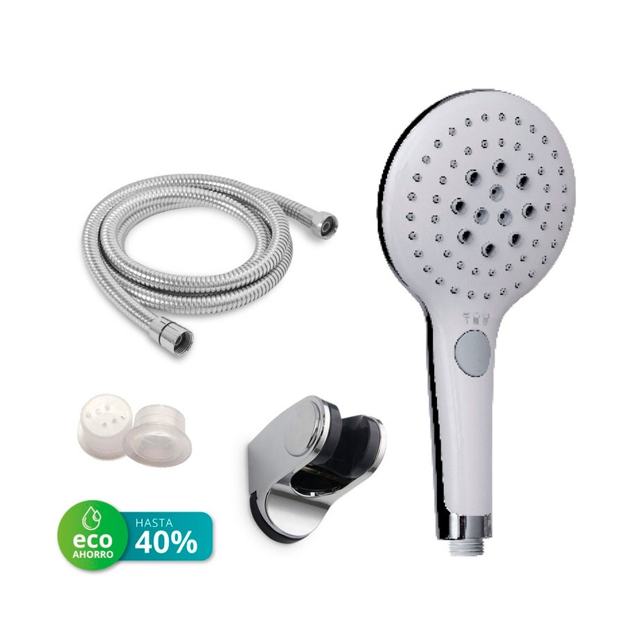 Kit de ducha eco ahorro: Alcachofa Ø129mm con 3 funciones + flexo + soporte ajustable