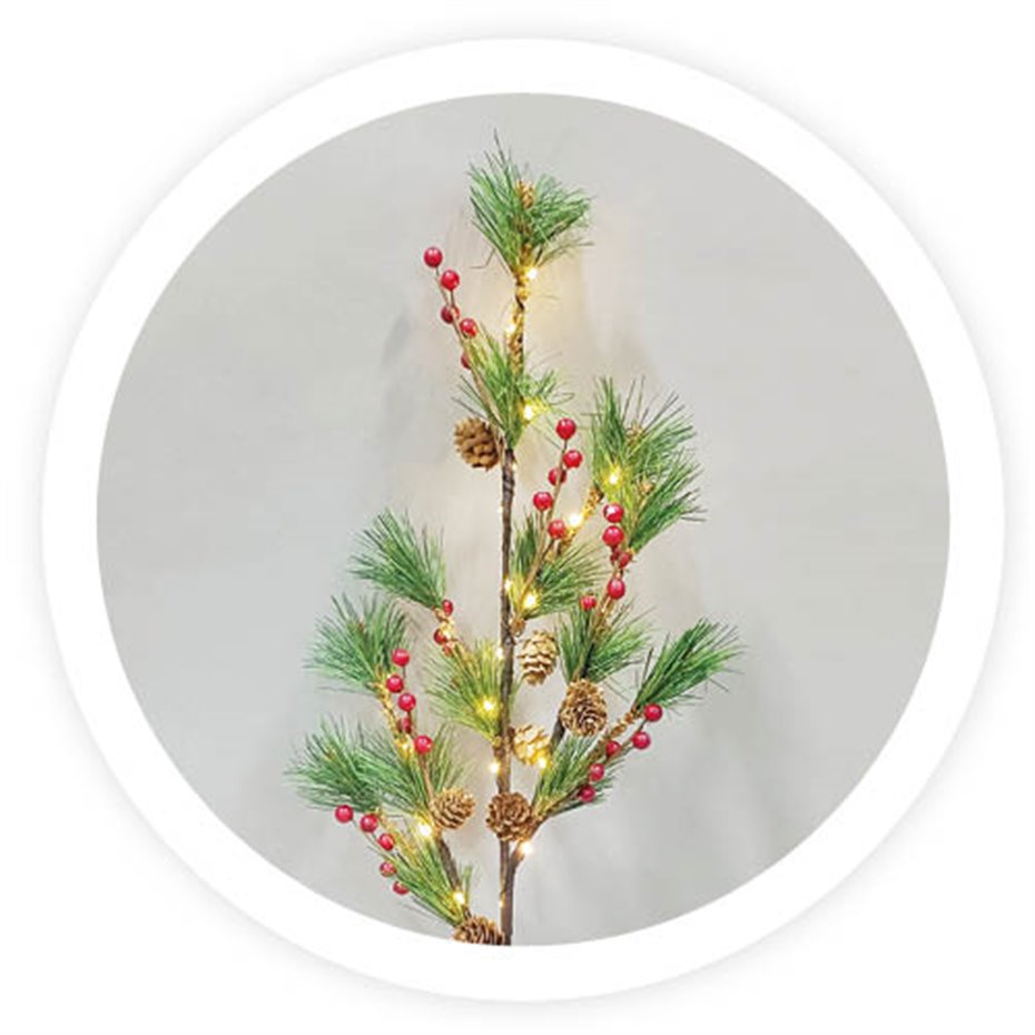 Rama decorativa LED de hojas de pino, piñas y bayas rojas 0,75M Luz cálida